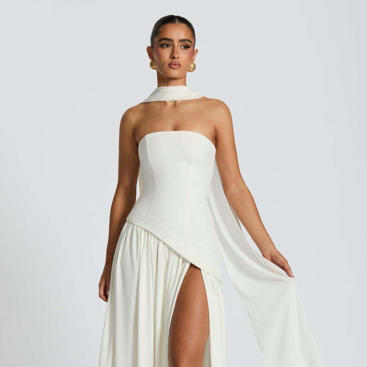 Strapless High Slit Maxi Dress - White