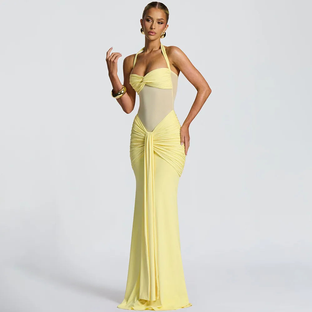 Halter Neck Pleated Bodycon Dress - Yellow