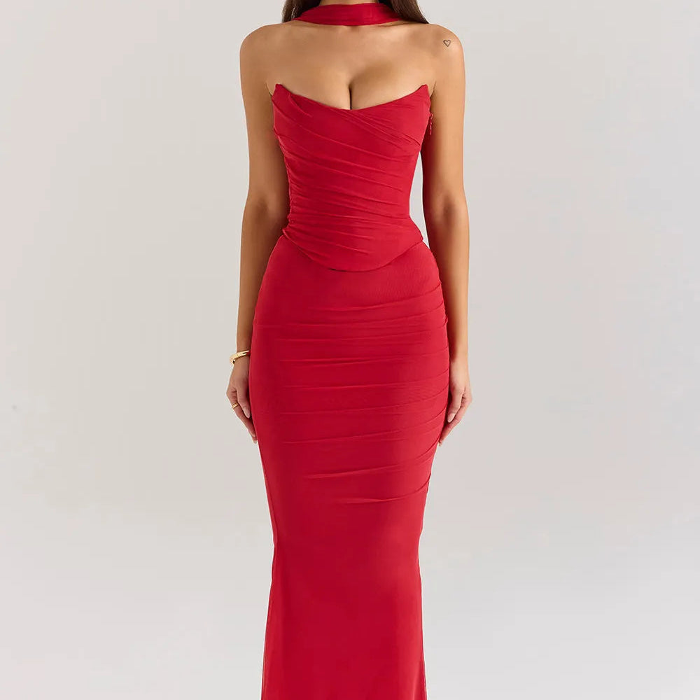 Tube Top & High-Waist Pencil Skirt Two-Piece Set - Red