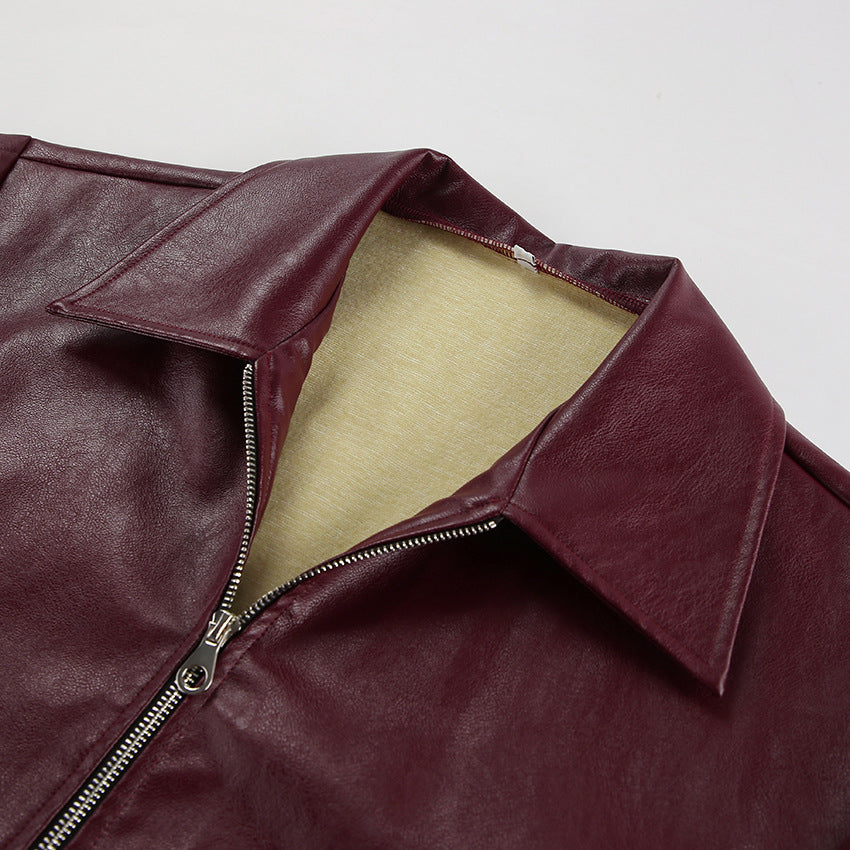 Retro Leather Jacket - Wine Red