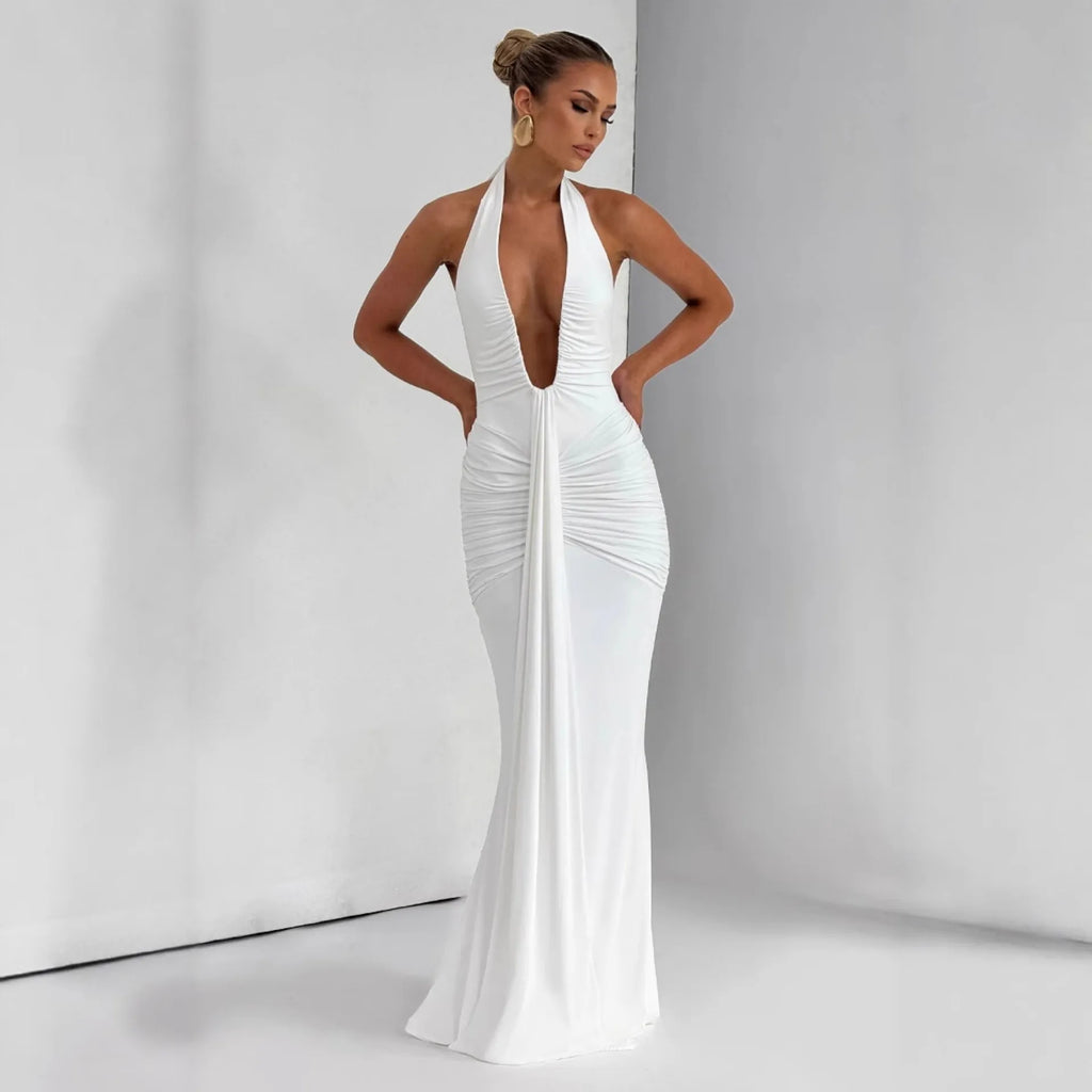 Halter Lace-Up Backless Maxi Dress - White