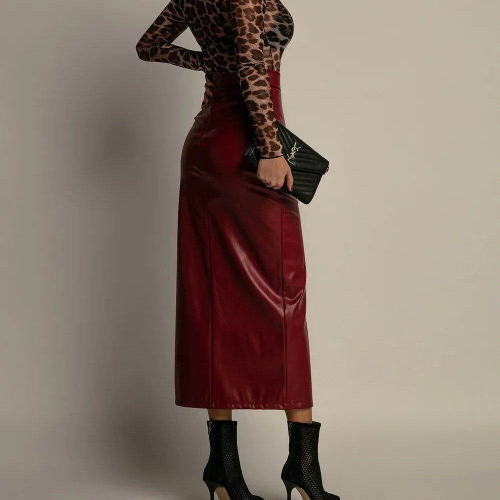 High-Waist Leather Skirt with Slit - Wine Red
