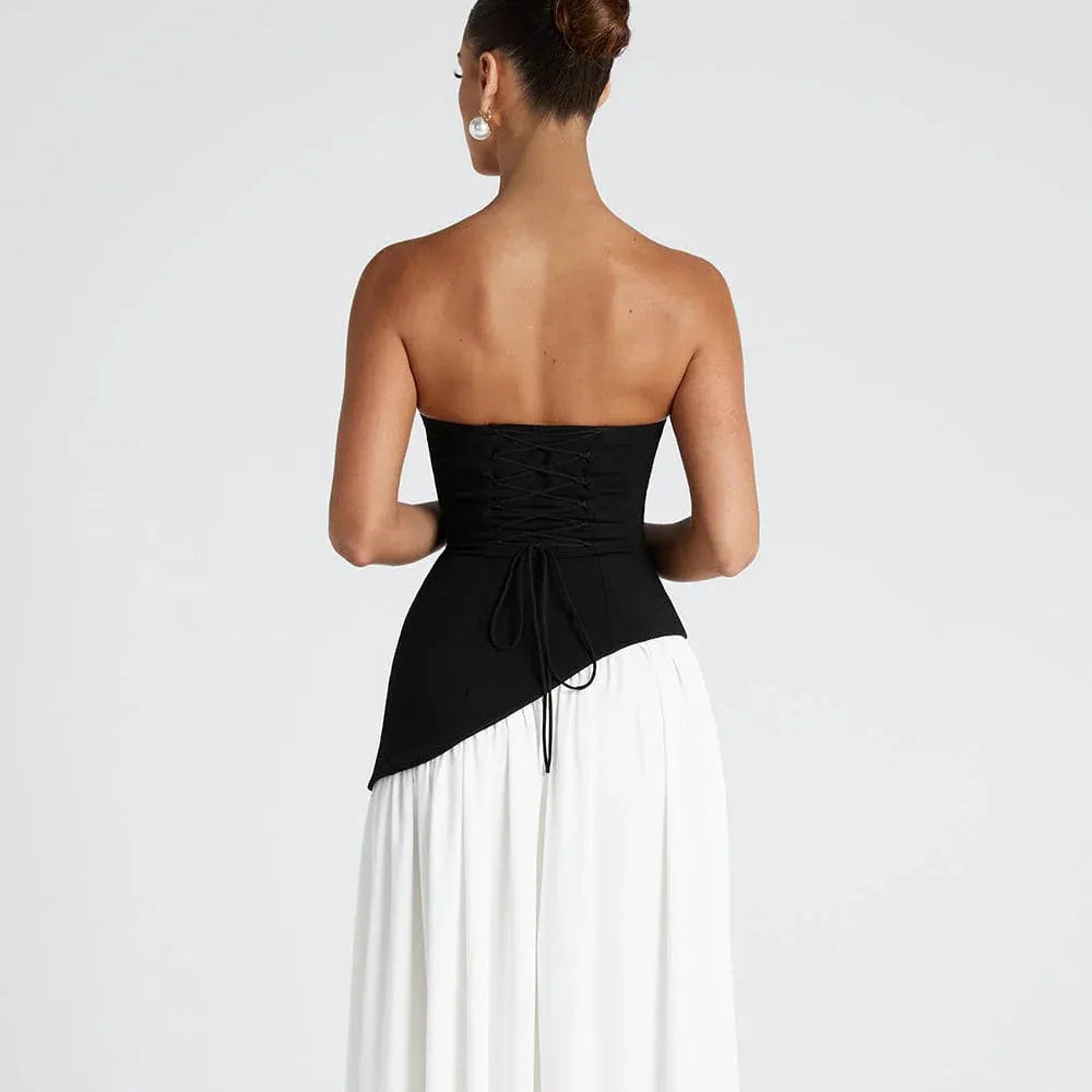 Strapless High Slit Maxi Dress - Black & White