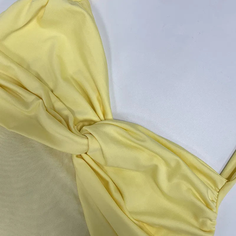 Halter Neck Pleated Bodycon Dress - Yellow