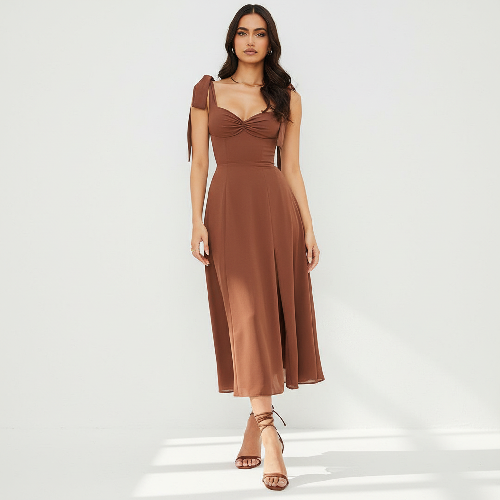 Front view - Coffee chiffon dress