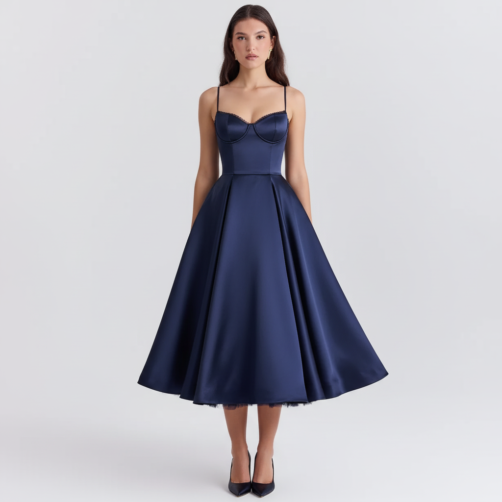 Front view - Dark Blue Satin Corset Dress