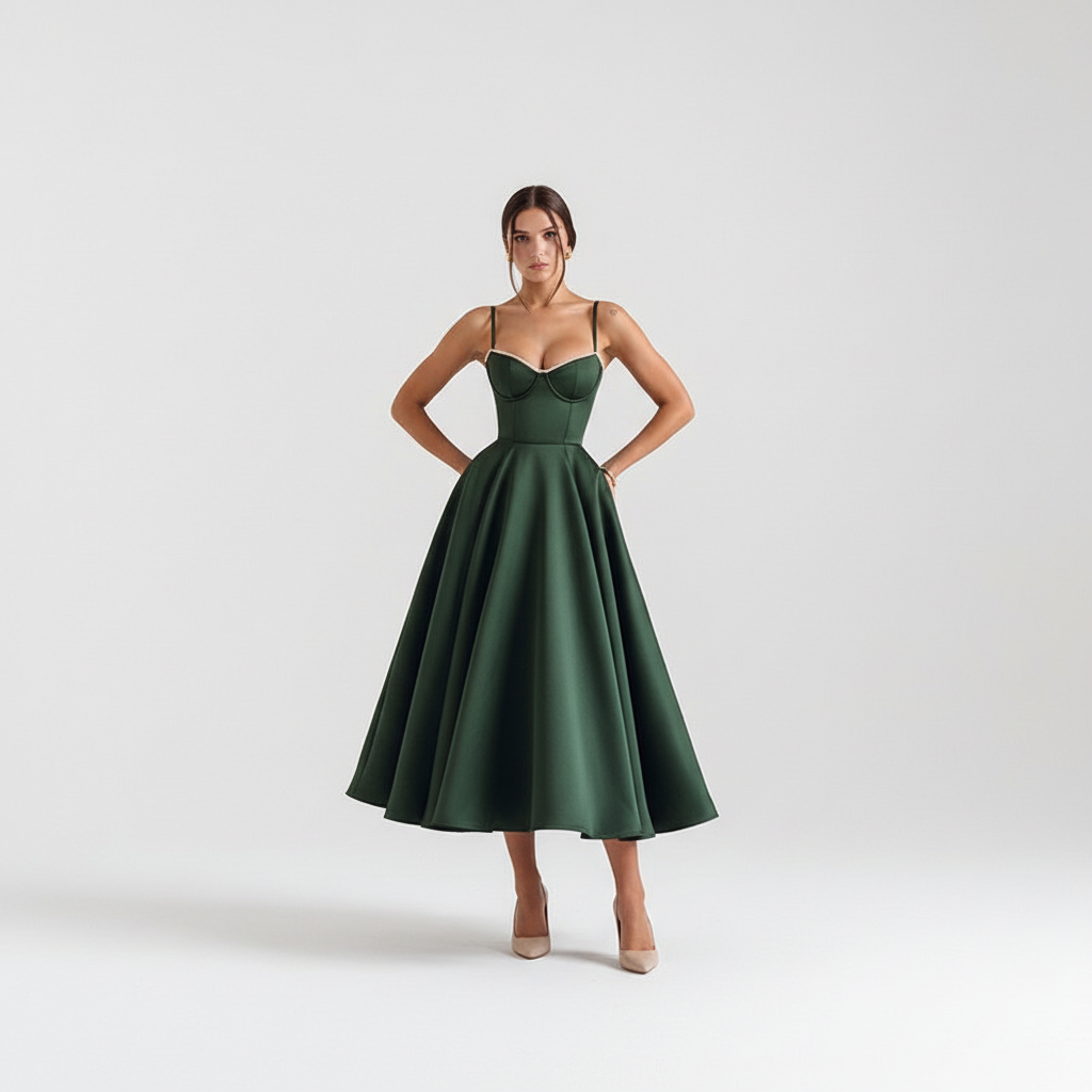 Front view - Forest Green Satin Corset Dress