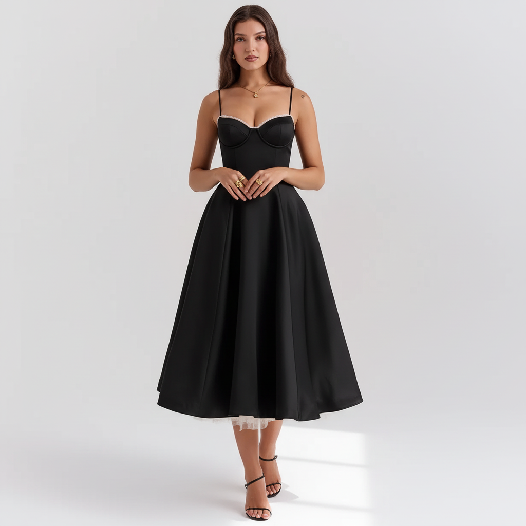 Front view - French-Inspired Satin Fishbone Corset Dress Black