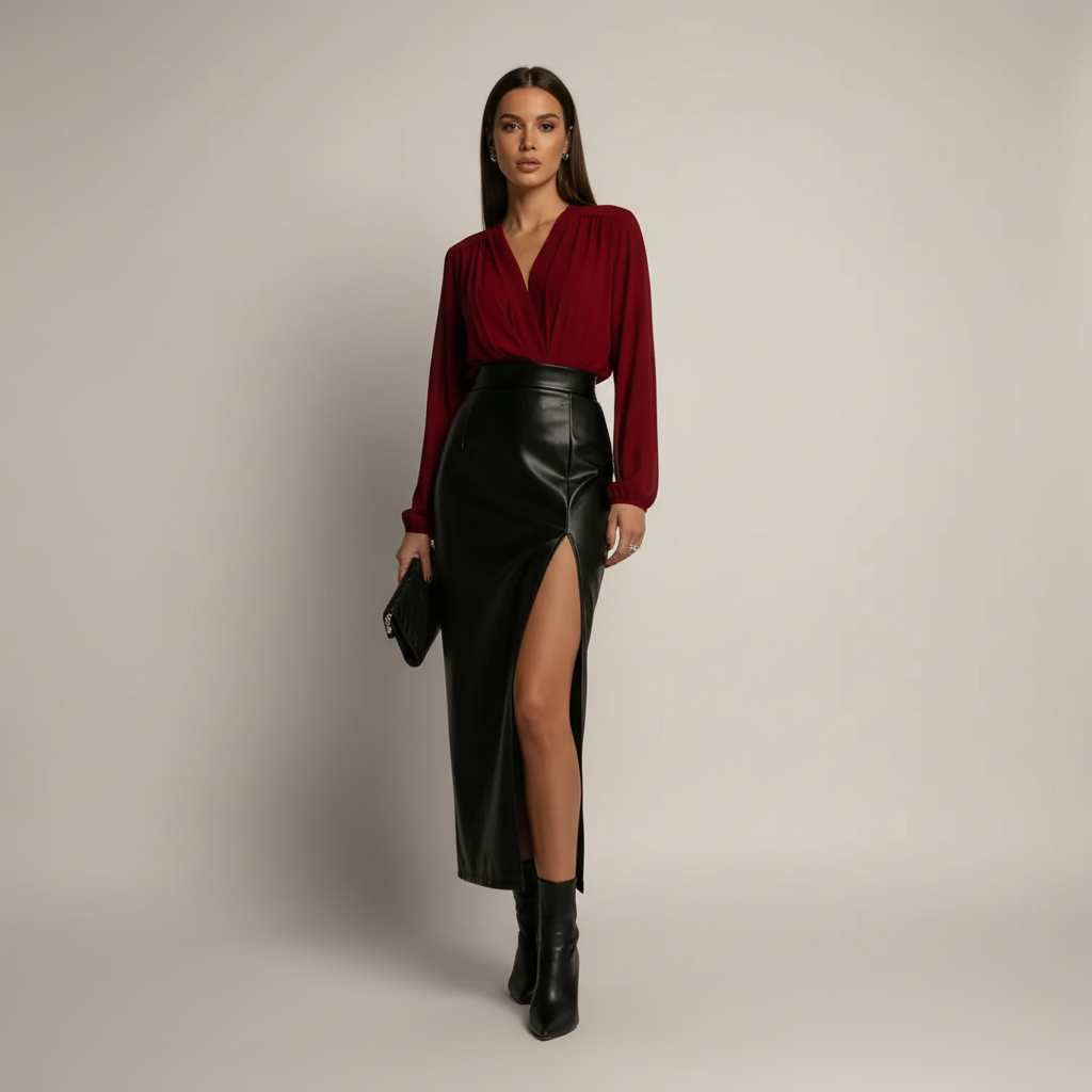 Front view - High-Waist Leather Skirt with Slit Black