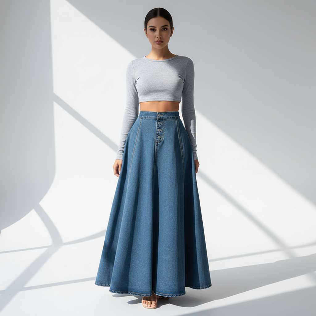 Front view - High-Waisted Denim Skirt Dark Blue