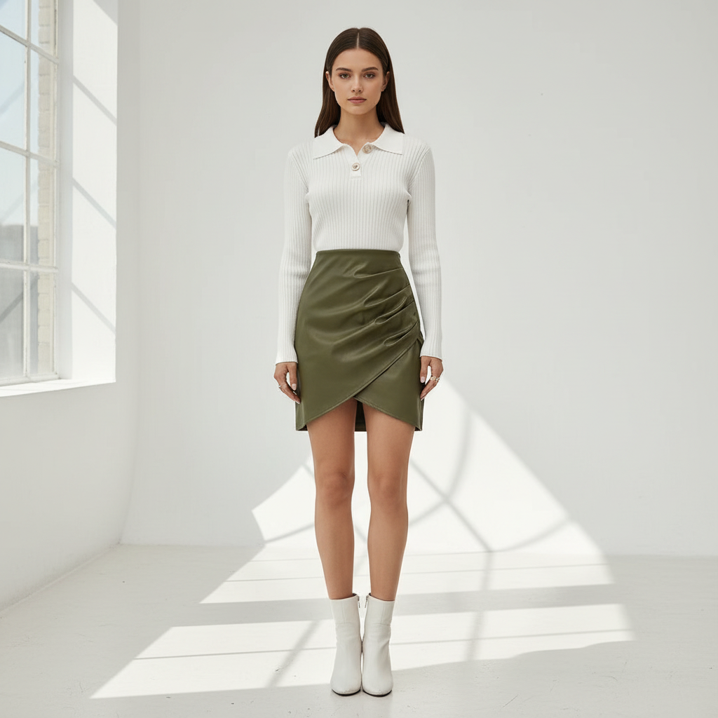 Front view - Leather Mini Skirt Green