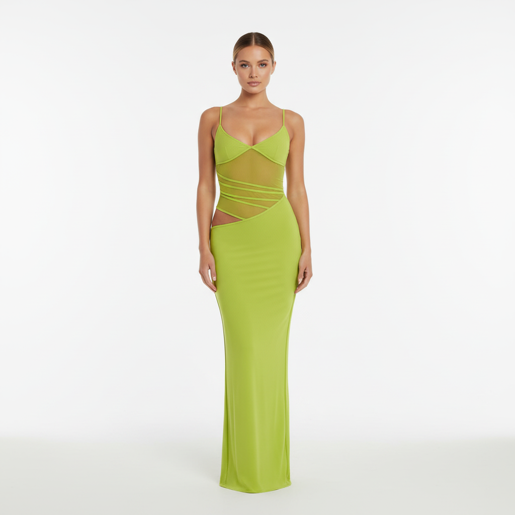 Front view - Mesh Spliced Bodycon Dress Green
