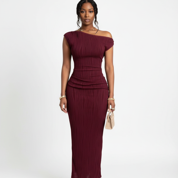 Front view - Off-Shoulder Water Ripple Maxi Dress Burgundy
