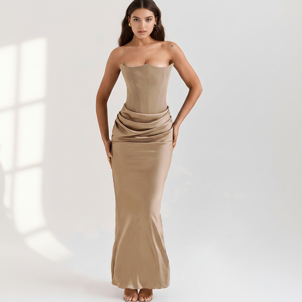 Front view - Pleated Tube Top Maxi Dress Khaki