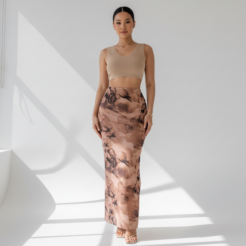 Front view - Printed Long Skirt with Side Slit Pink