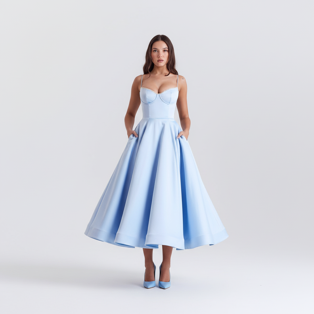 Front view - Sky Blue Satin Corset Dress