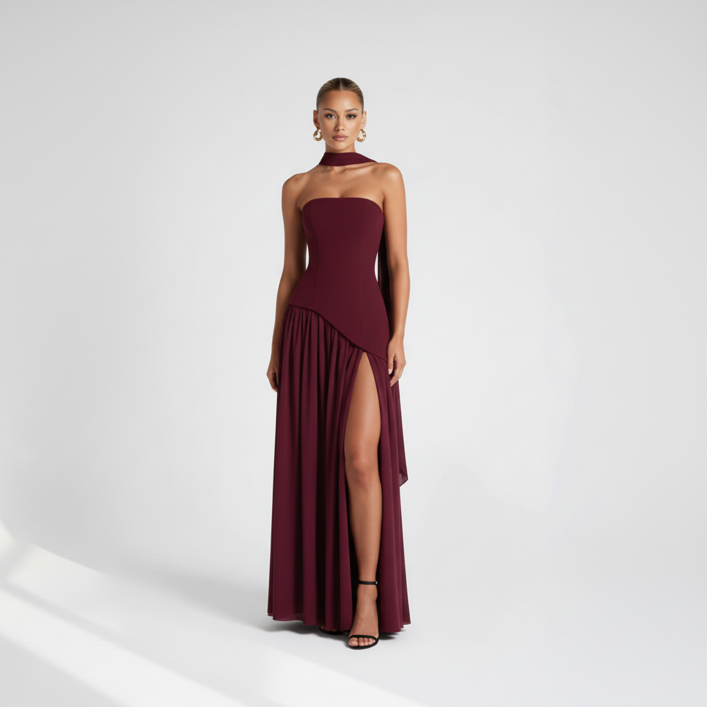 Front view - Strapless High Slit Maxi Dress Burgundy
