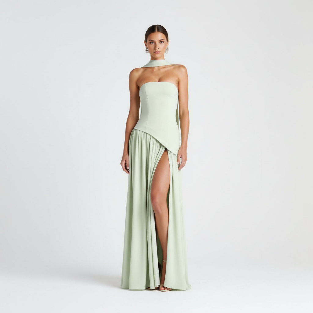 Front view - Strapless High Slit Maxi Dress Green