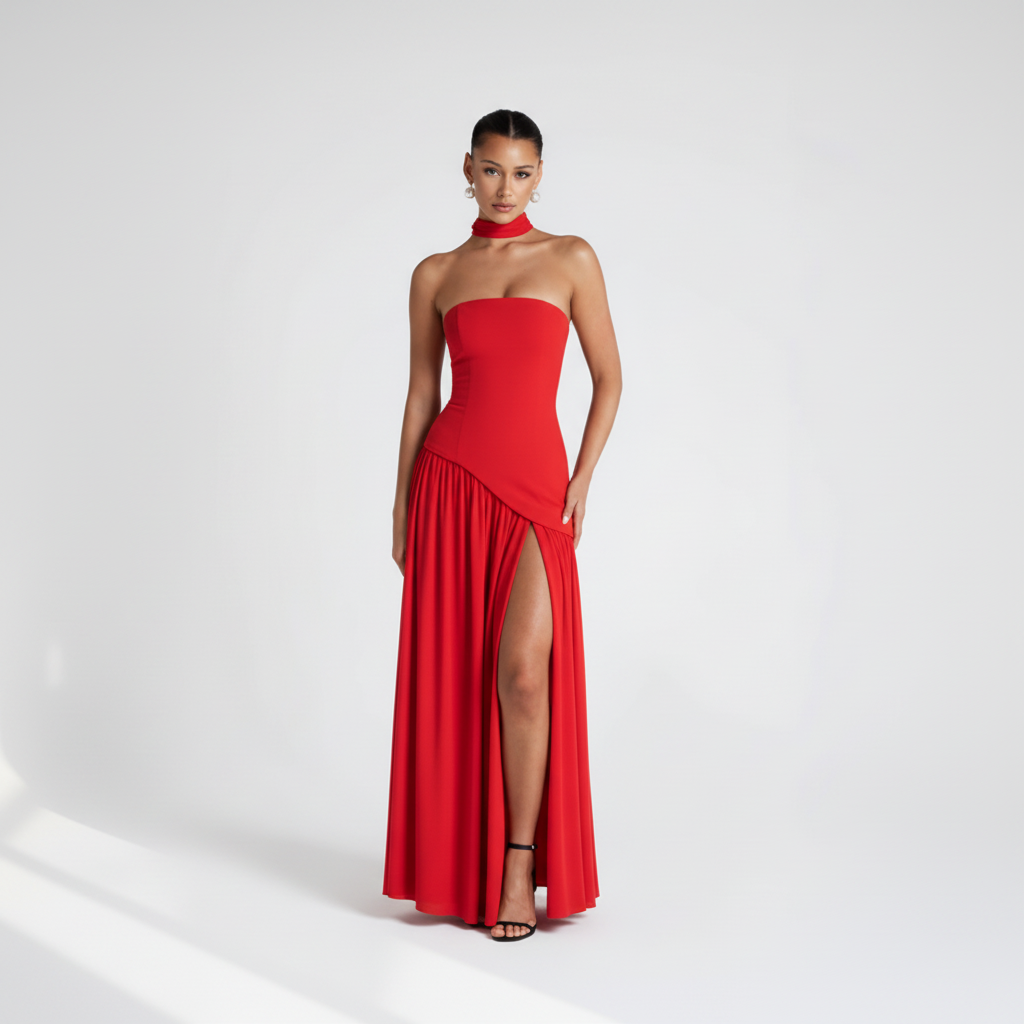 Front view - Strapless High Slit Maxi Dress Red