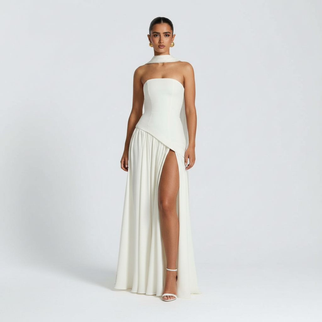 Front view - Strapless High Slit Maxi Dress White