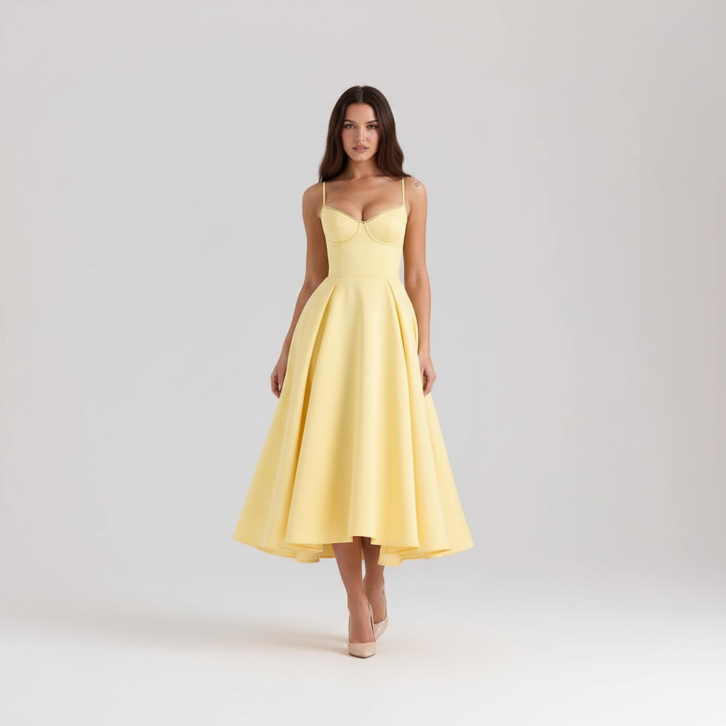 Front view - Yellow Satin Corset Dress