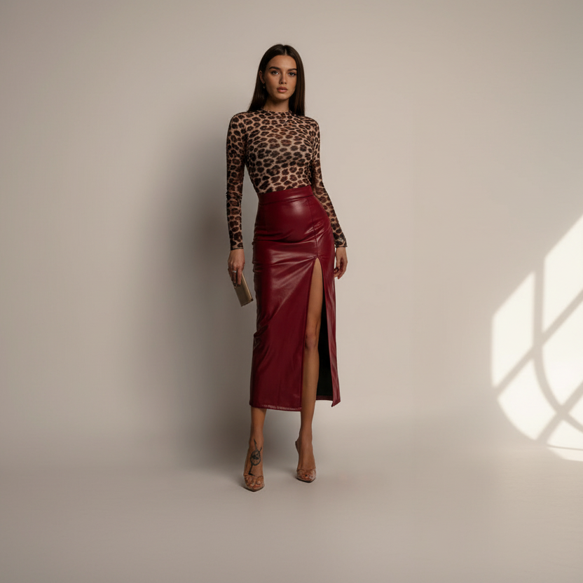 High-Waist Leather Skirt in White Studio