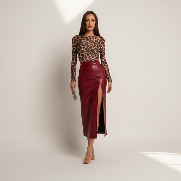 High-Waist Leather Skirt in White Studio