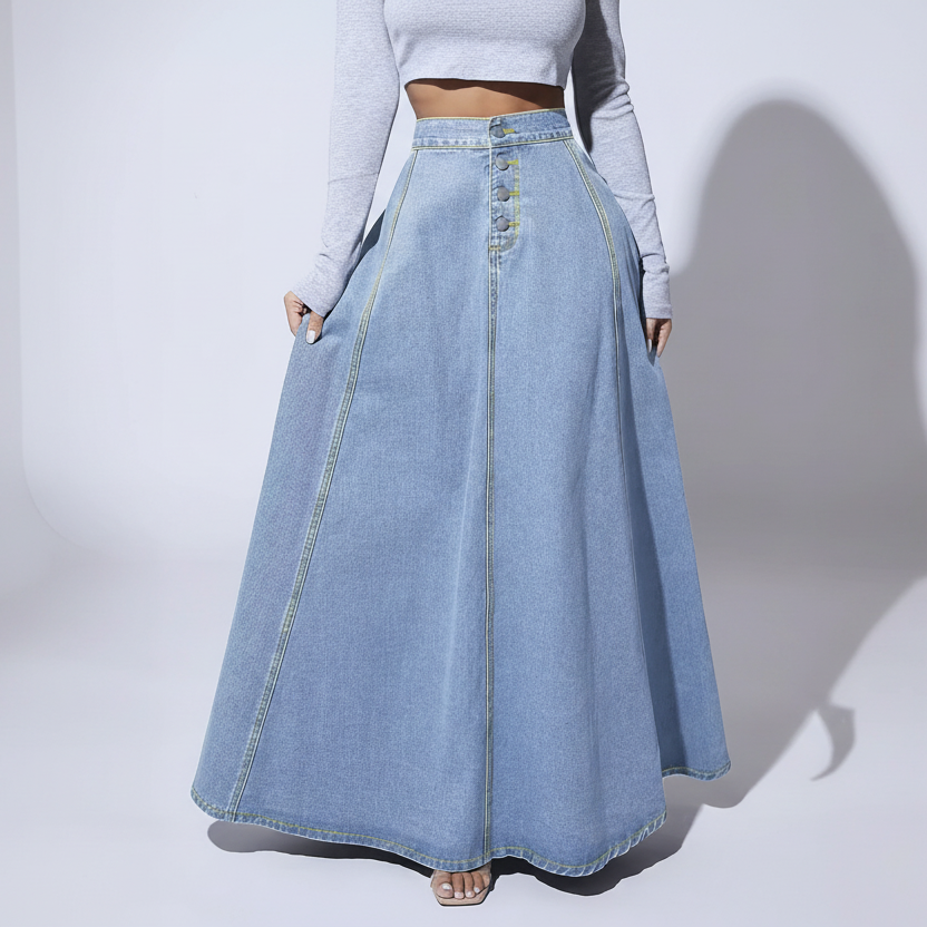 High-Waisted Denim Skirt in White Studio