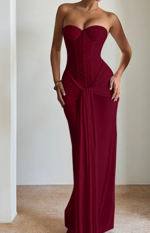Strapless Slim-Fit Evening Dress - Wine Red
