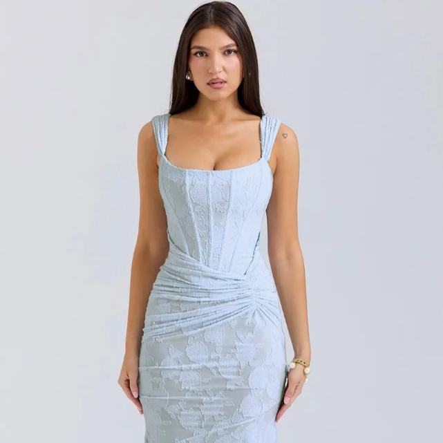 Square-neck Corset Strap Maxi Dress - Blue