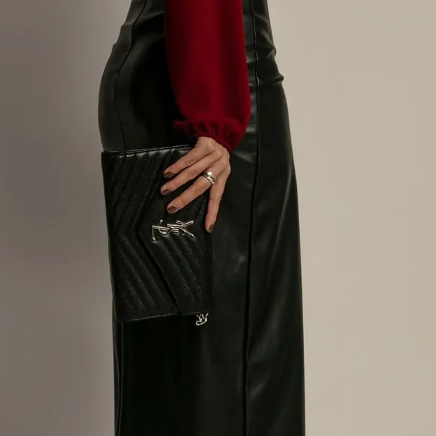 High-Waist Leather Skirt with Slit - Black