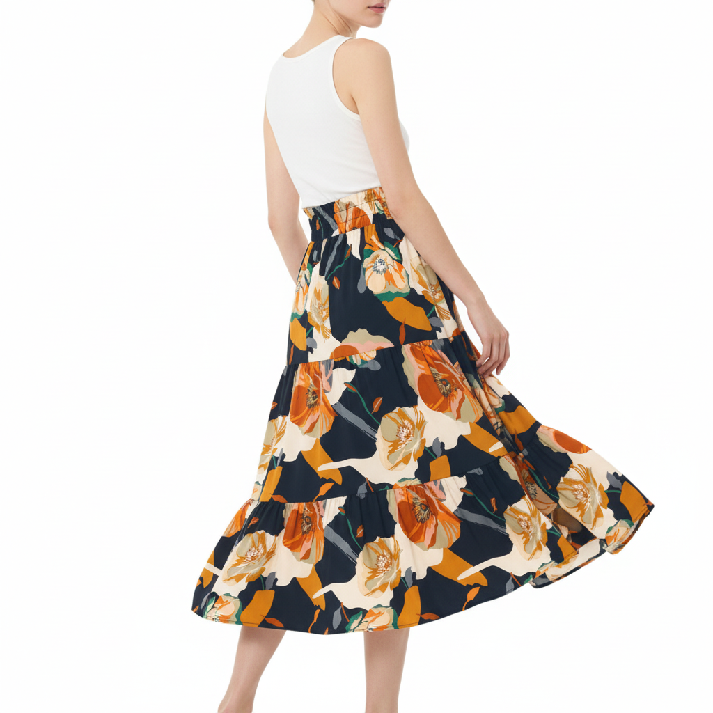 Navy Floral A-Line Skirt - Angled Back