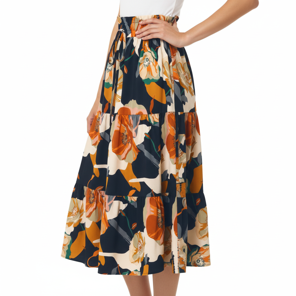 Navy Floral A-Line Skirt - Angled Front