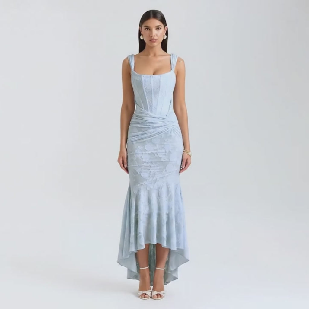 Square-neck Corset Strap Maxi Dress - Blue