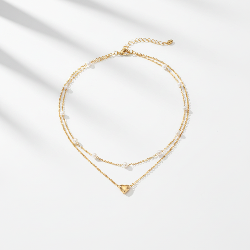 Product shot - Pearl Heart Pendant Layered Necklace