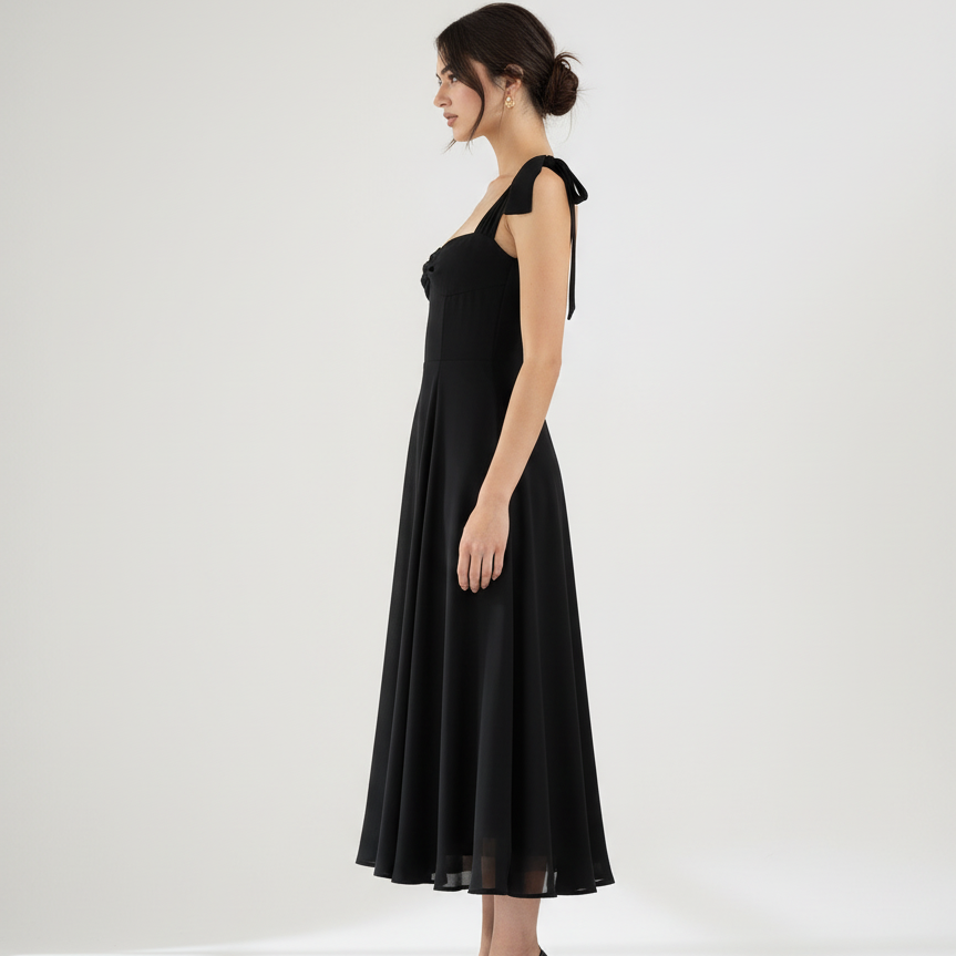 Side view - Black Chiffon Dress with heels