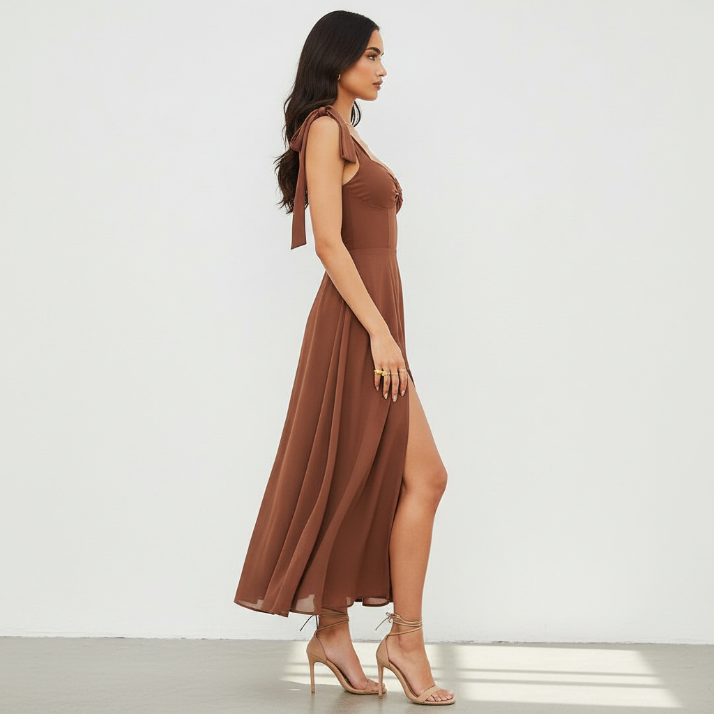 Side view - Coffee chiffon dress
