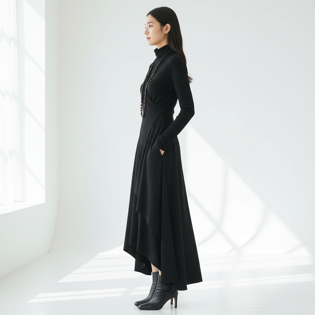 Side view - Cross Neck Knitted Maxi Dress Black