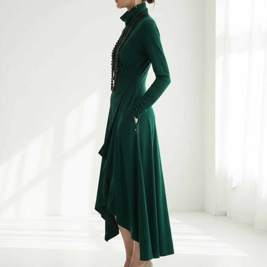 Side view - Cross Neck Knitted Maxi Dress Green