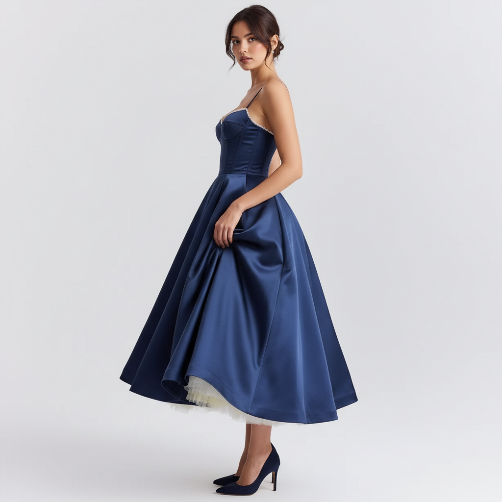 Side view - Dark Blue Satin Corset Dress