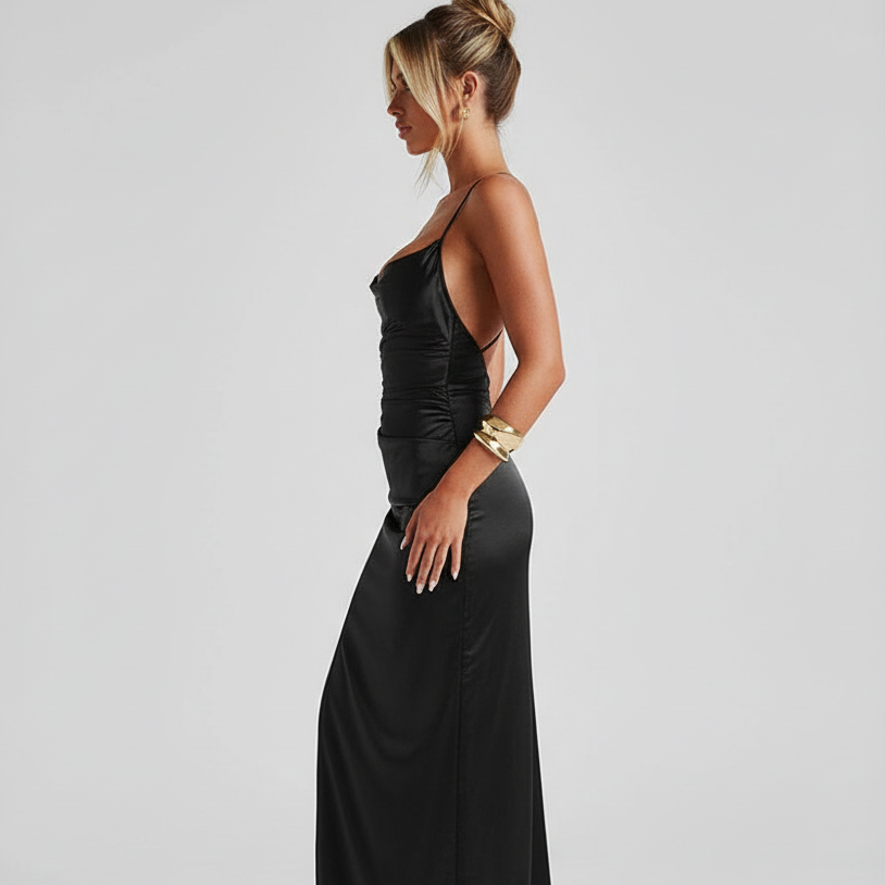 Side view - Elegant Slim-Fit Slip Dress Black