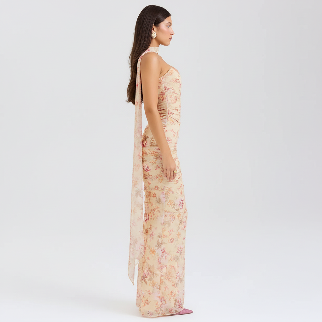 Side view - Floral dress on model