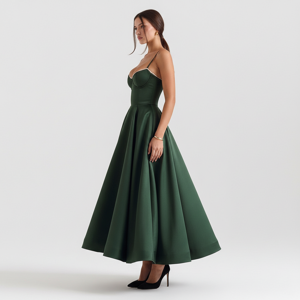 Side view - Forest Green Satin Corset Dress