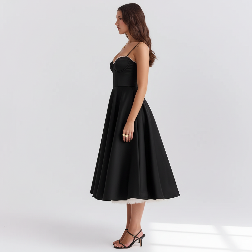 Side view - French-Inspired Satin Fishbone Corset Dress Black