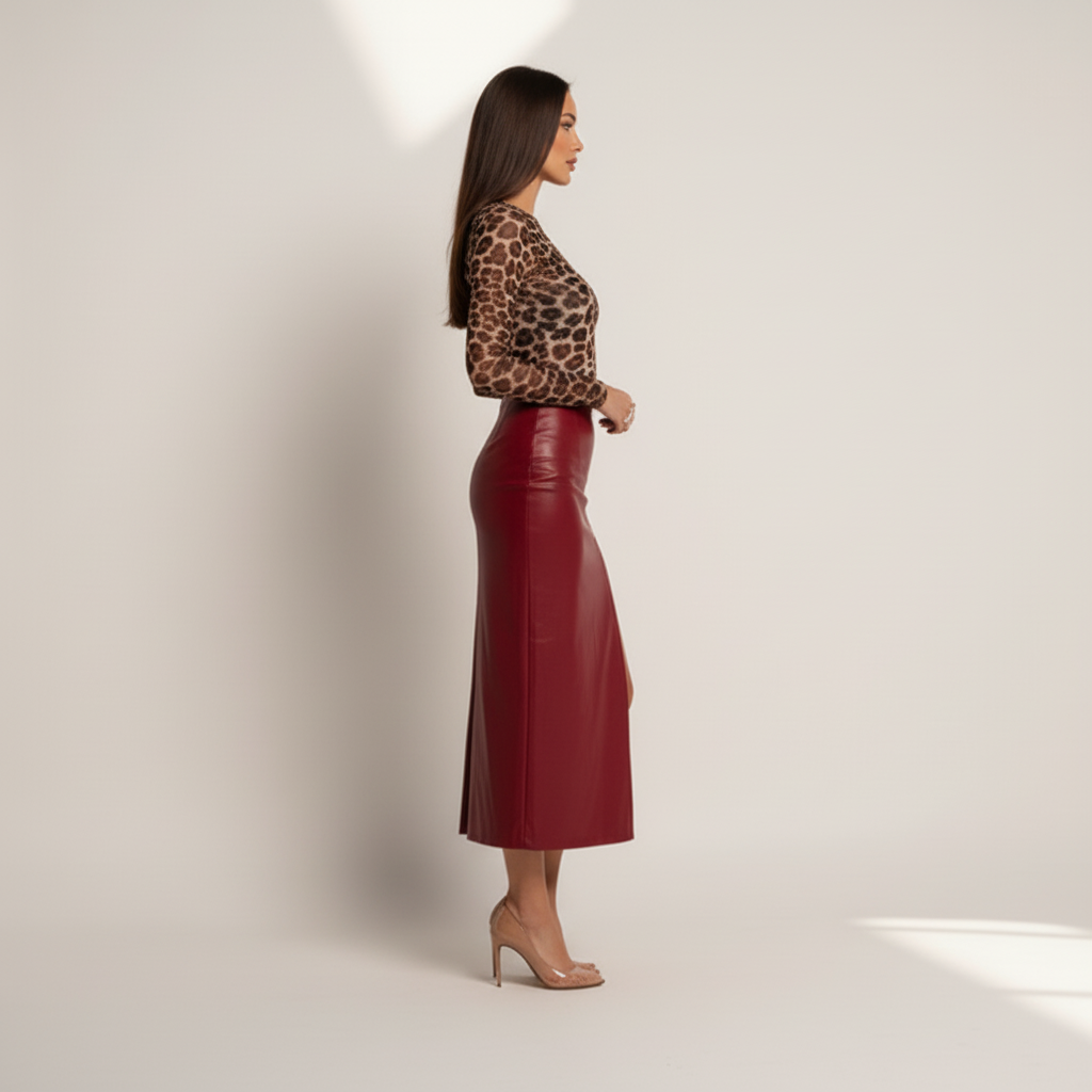 Side view - High-Waist Leather Skirt with Slit