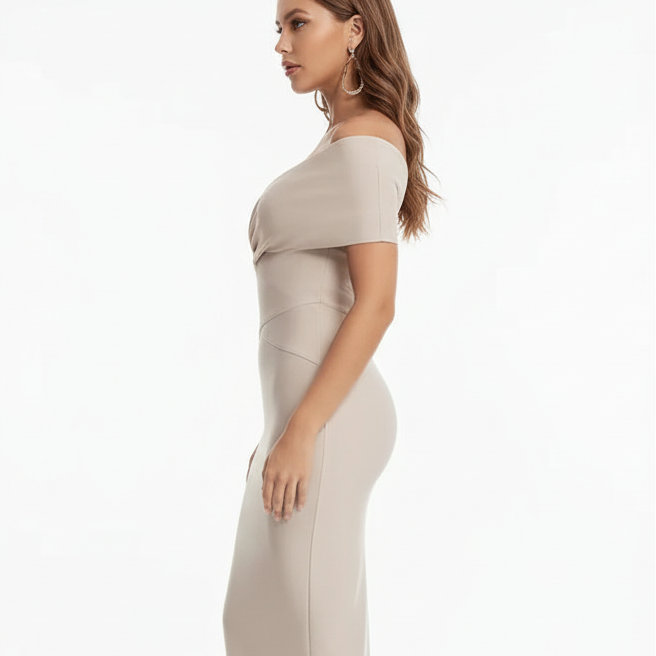 Side view of Off-Shoulder Bodycon Dress - Apricot