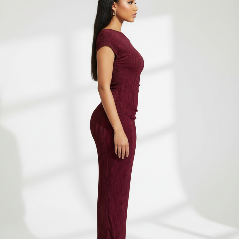 Side view - Off-Shoulder Water Ripple Maxi Dress Burgundy