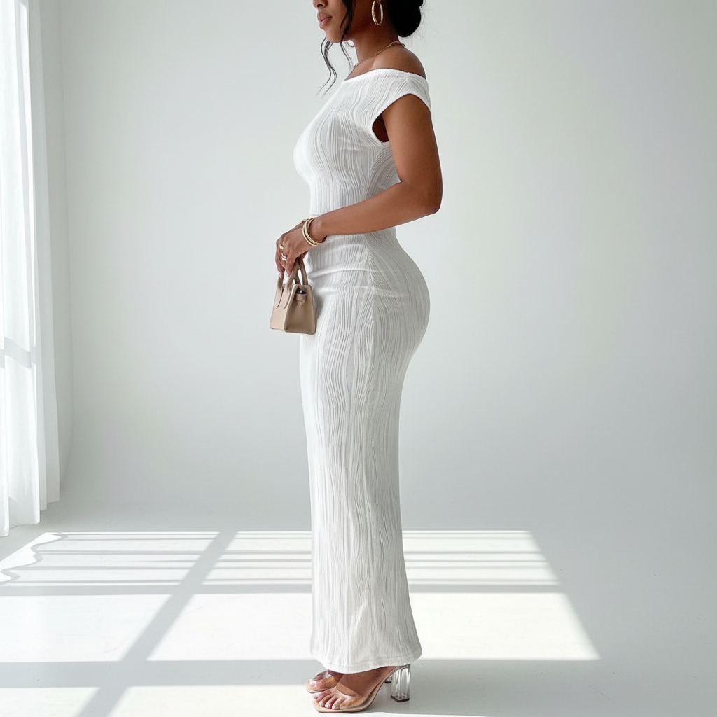 Side view - Off-Shoulder Water Ripple Maxi Dress White