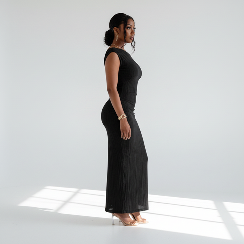 Side view - Off-Shoulder Water Ripple Maxi Dress