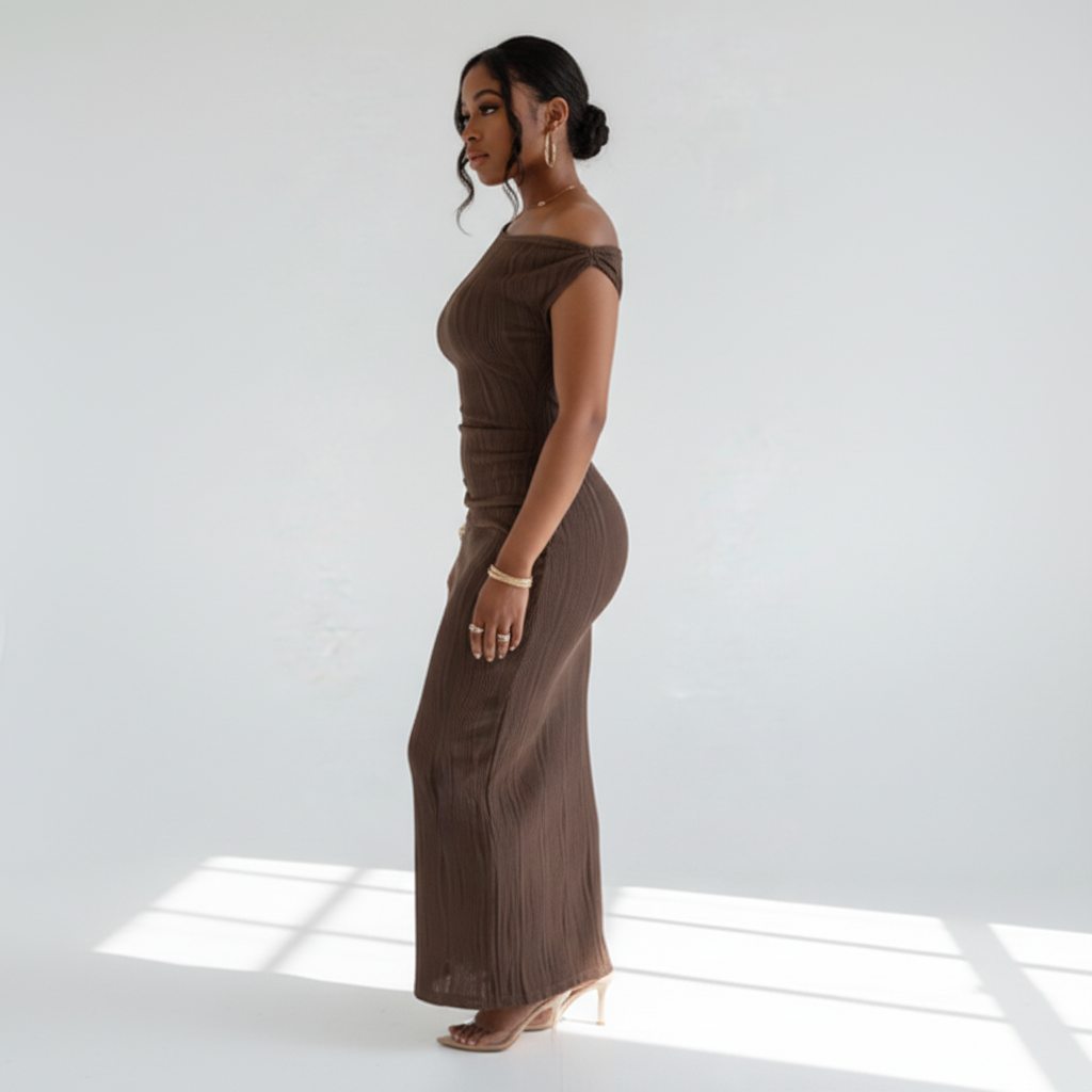 Side view - Off-Shoulder Water Ripple Maxi Dress